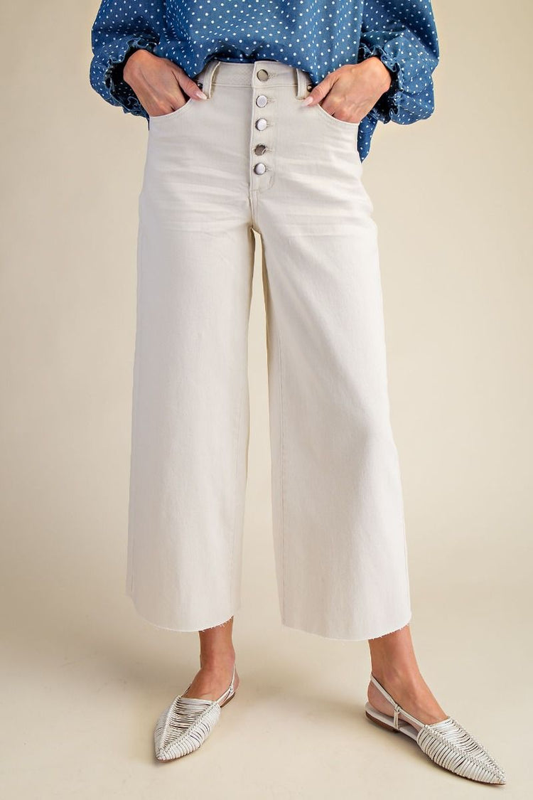 ECRU BUTTON FRONT ENZYME WASHED STRETCH TWILL PANTS