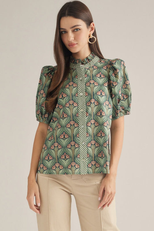 Hunter Green Print short puff sleeve top