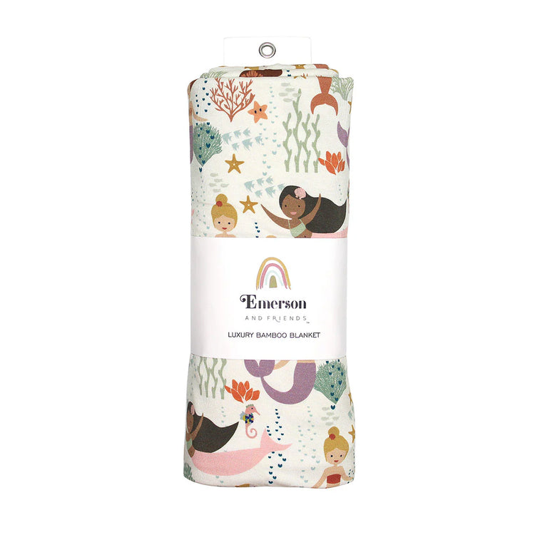 Making Waves Mermaids Luxury Bamboo Blanket- Beige/Multi/Small