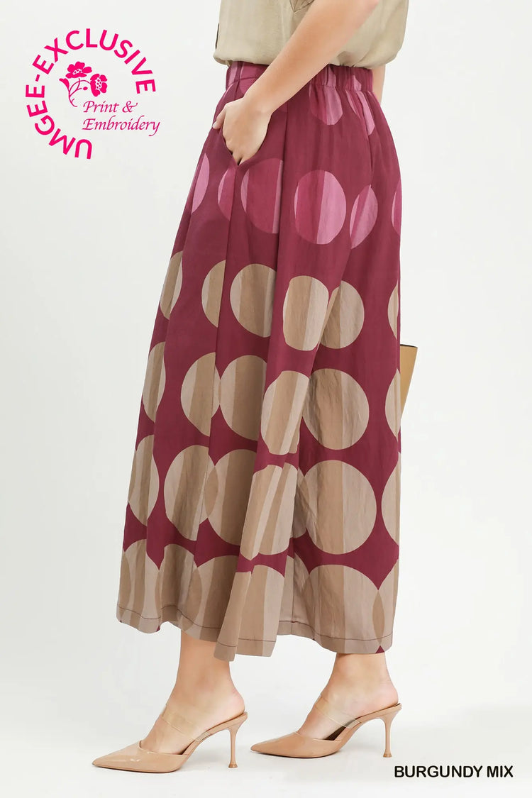 Burgundy Mix Oversized Dot Print Wide Leg Pants