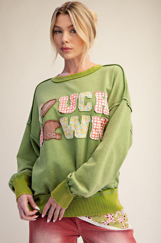 GRASS GREEN GAME DAY PATCH FRONT WASHED TERRY PULLOVER