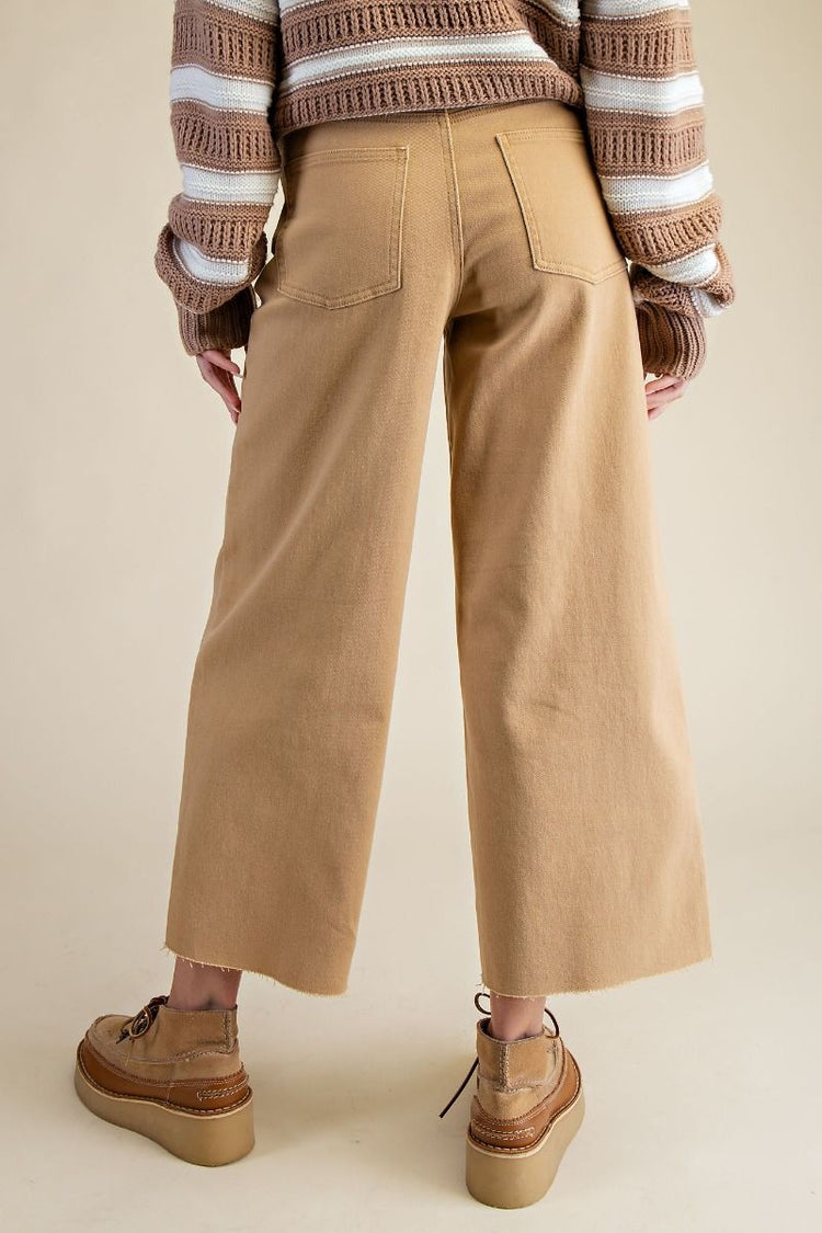 LATTE BUTTON FRONT ENZYME WASHED STRETCH TWILL PANTS