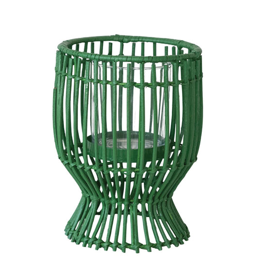 6- 1/2” Round x 8”H Hand-Woven Rattan Lantern with Glass Insert