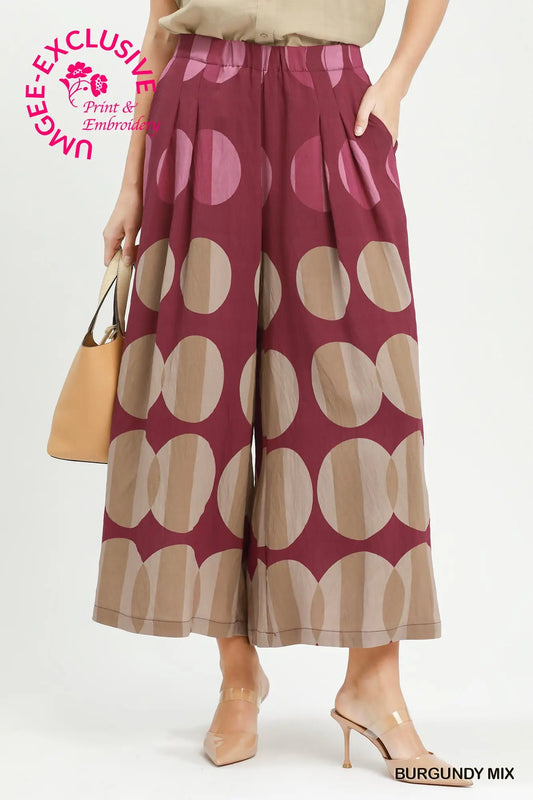 Burgundy Mix Oversized Dot Print Wide Leg Pants