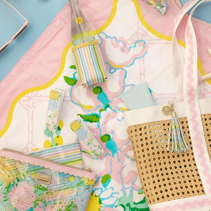 Lilly Pulitzer Water Resistant Vinyl Beach Day Pouch, Zipper Bag Includes Drink Hugger, Small Pouch, and Towel Clips