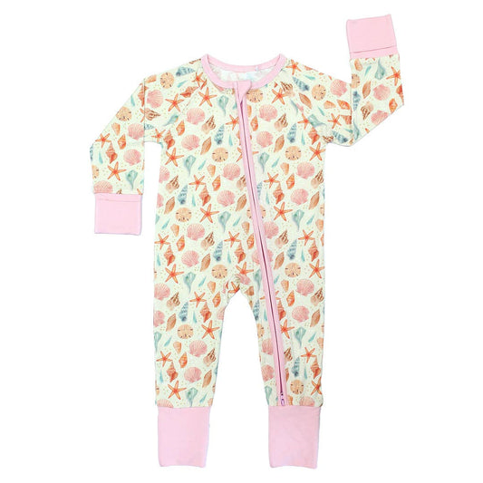 Sandy Seashells Beachy Bamboo Convertible Baby Pajamas: Beige/Multi
