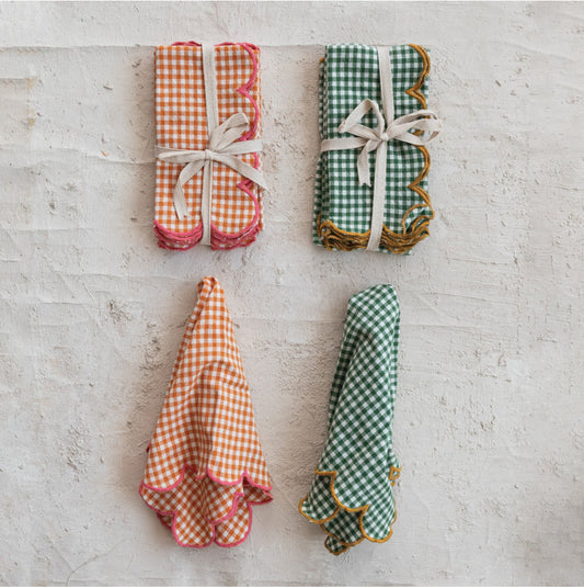 Cotton Scalloped Napkins with Contrasting Stitched Edges, Set of 4
