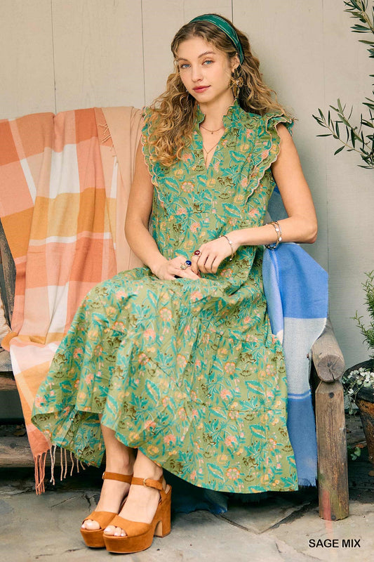 Saige Mix Floral Garden Print Tiered Maxi Dress