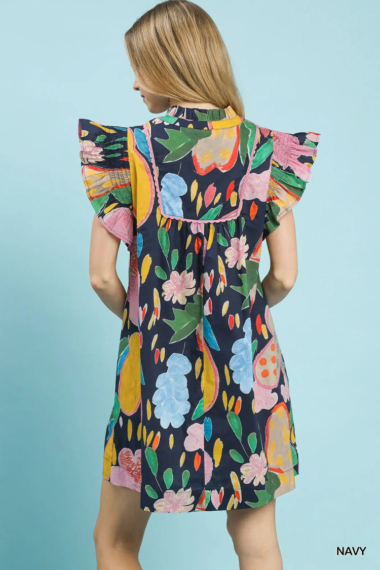 Navy Abstract Floral Ruffle Sleeve Dress