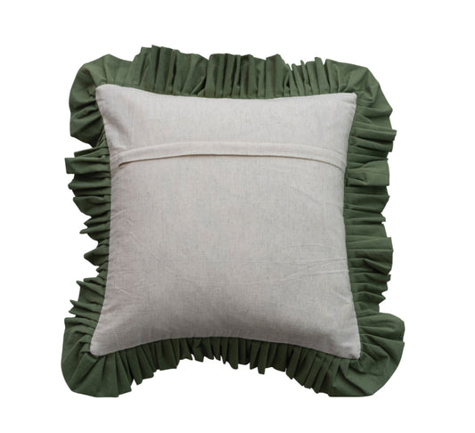 18” Square Cotton Pillow with Floral Pattern, Embroidery & Ruffle