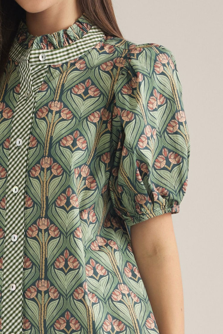 Hunter Green Print short puff sleeve top