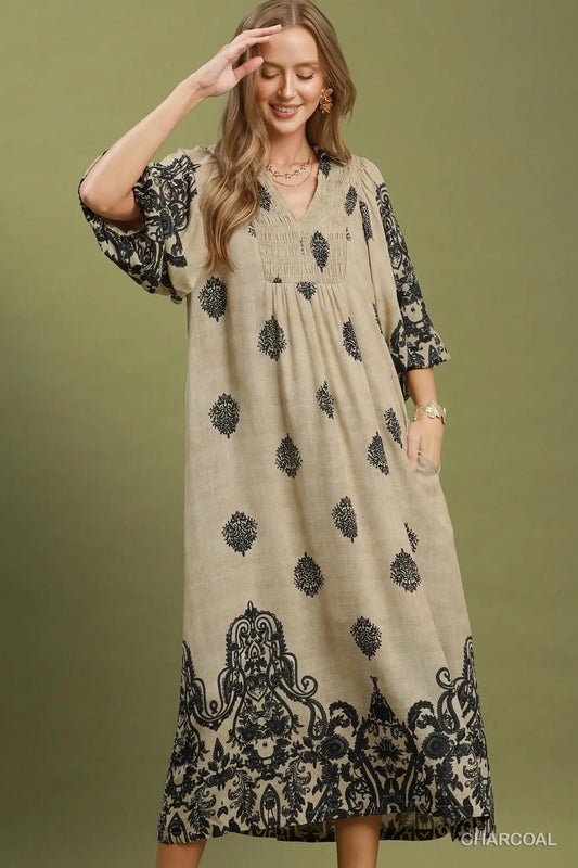 Navy Border Print Smocked Detail Midi Dress