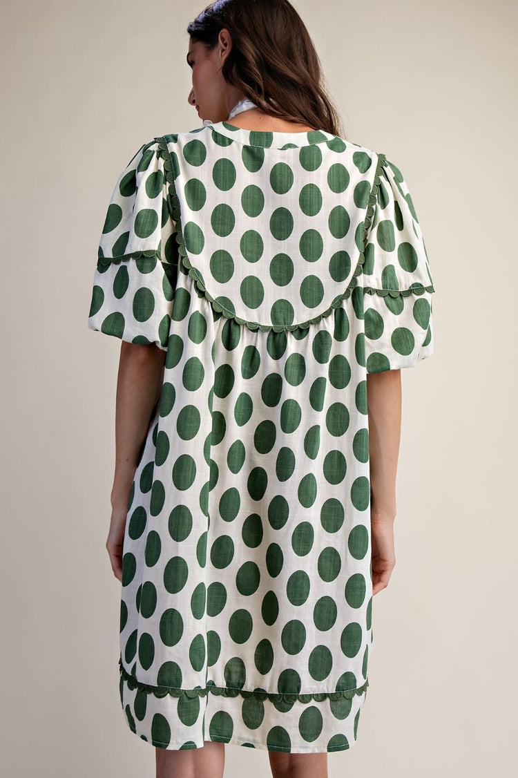 SAGE POLKA DOTS LINEN MINI DRESS