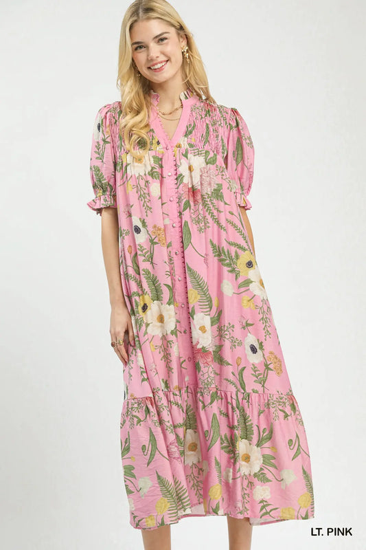 Pink Floral Smocked Button-Front Midi Dress