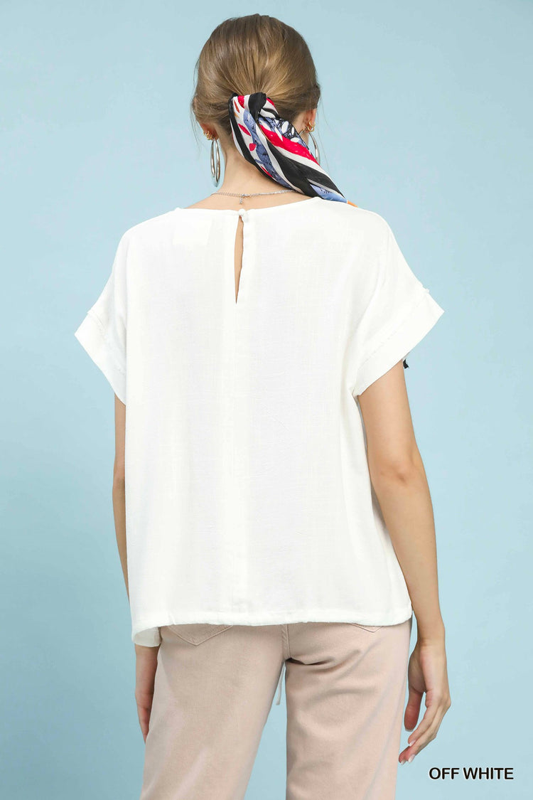 Off White Drawstring Linen Blend Top