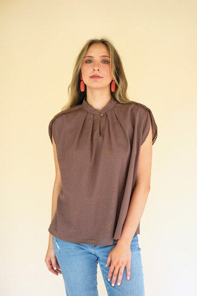 High-Neck Shortsleeve Blouse with Flat Pom-Pom Lace Detail / Mulberry
