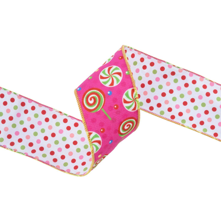 2 1/2" Wired Reversible Velvet | Pink Candies with Polka Dot Backing | 10 Yard Roll