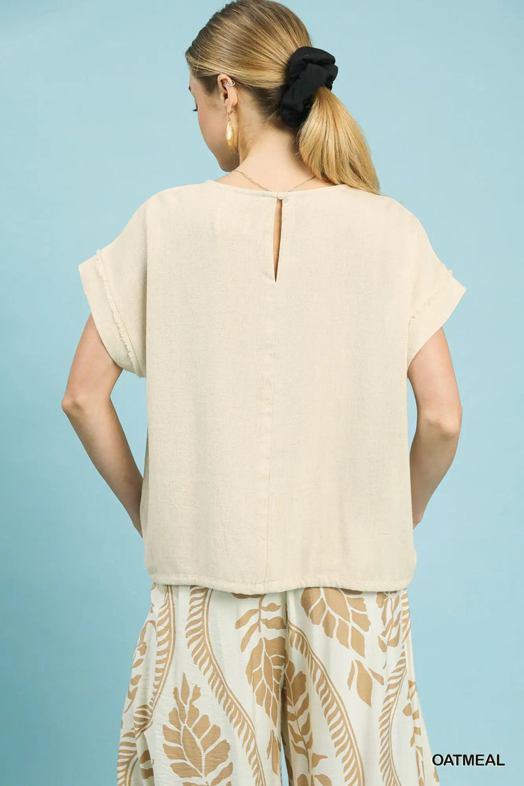 Oatmeal Drawstring Linen Blend Top