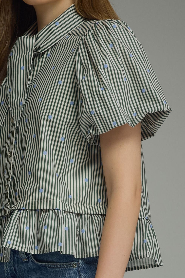 Stripe and polka dot short puff sleeve top