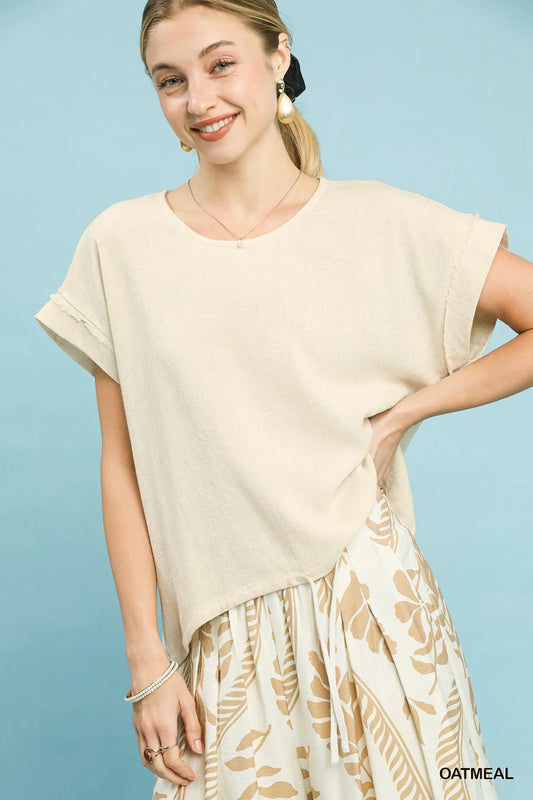 Oatmeal Drawstring Linen Blend Top