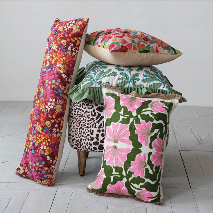 Cotton & Linen Lumbar Pillow with Embroidered Flowers & Jute