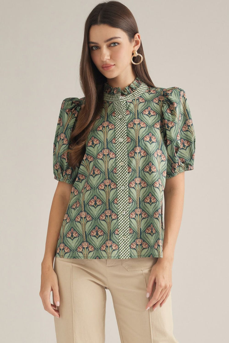 Hunter Green Print short puff sleeve top