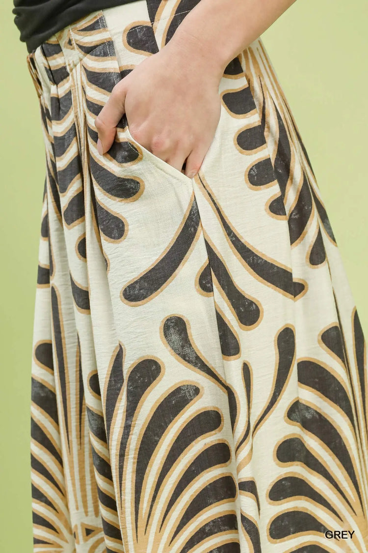 Feather Print Wide Leg Pants: Grey