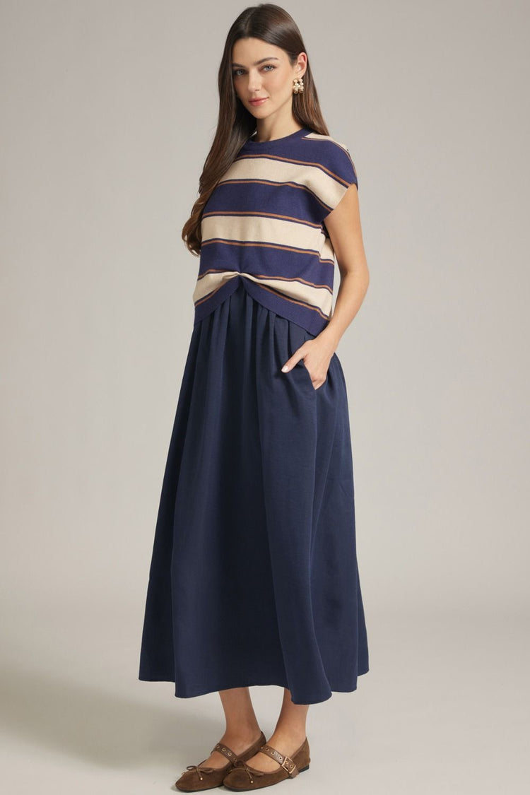 Navy Stripe knit cap sleeve top and solid sleeveless midi dress