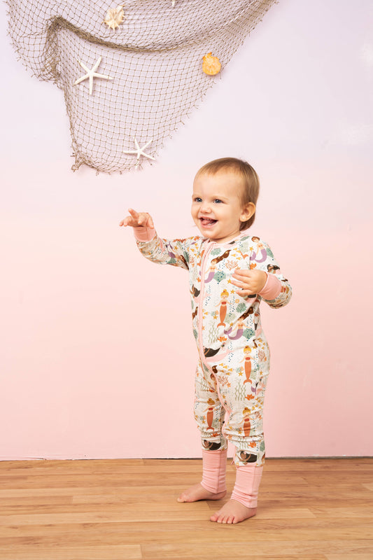 Making Waves Mermaids Coastal Bamboo Baby Pajamas Convertible Romper: 12-18M