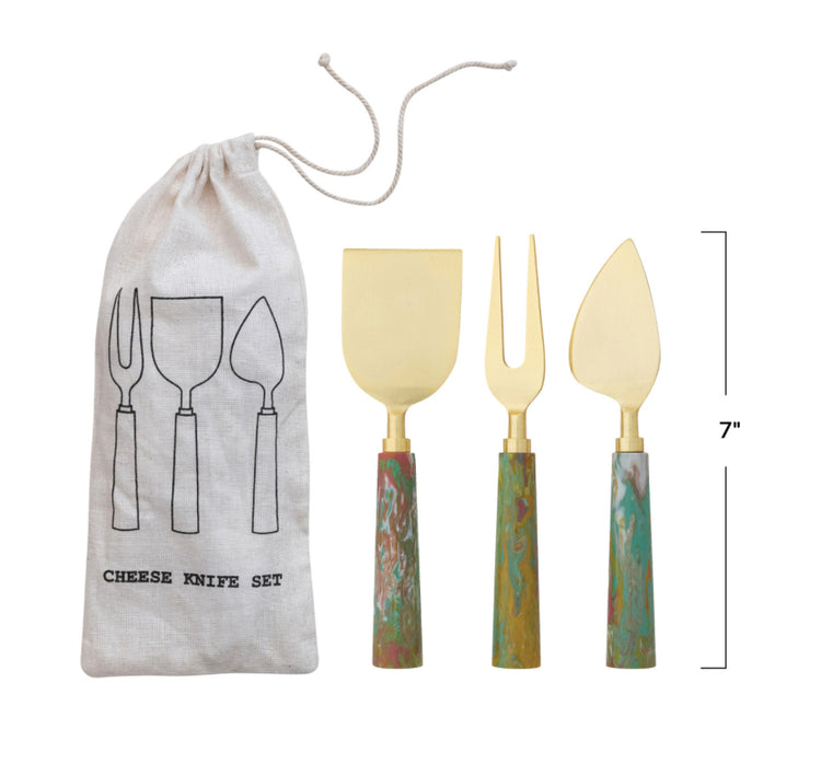 Cheese Knives w/ Marbled Resin Handles, Set of 3 in Drawstring Bag