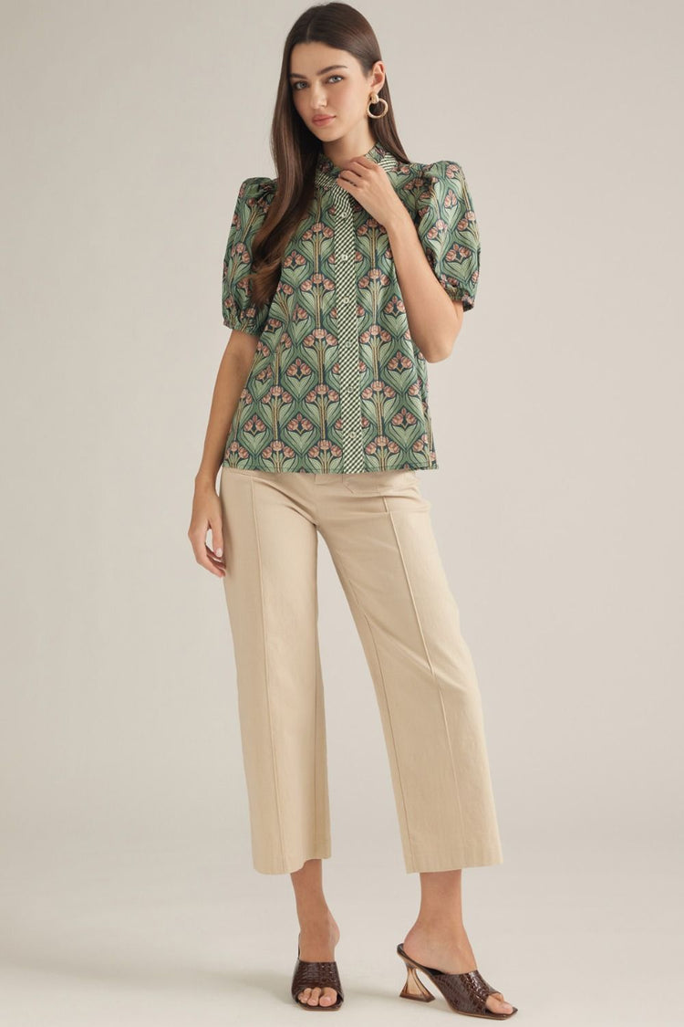 Hunter Green Print short puff sleeve top