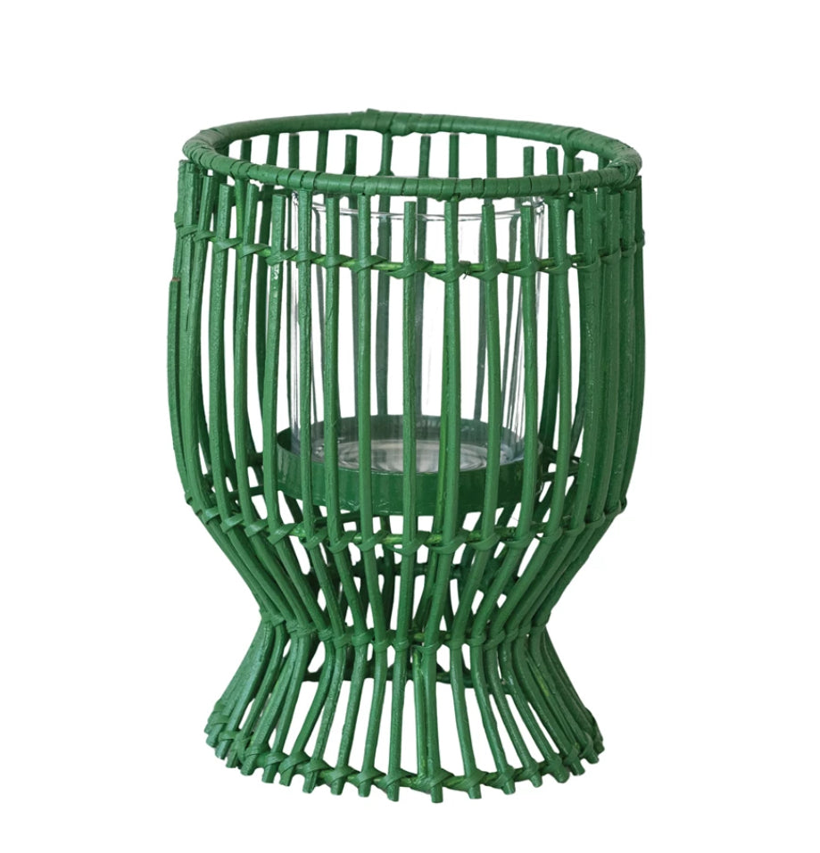 6- 1/2” Round x 8”H Hand-Woven Rattan Lantern with Glass Insert