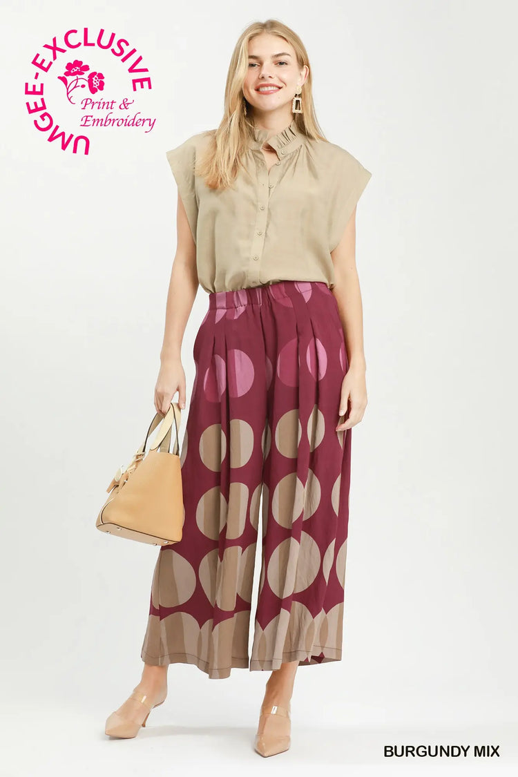 Burgundy Mix Oversized Dot Print Wide Leg Pants