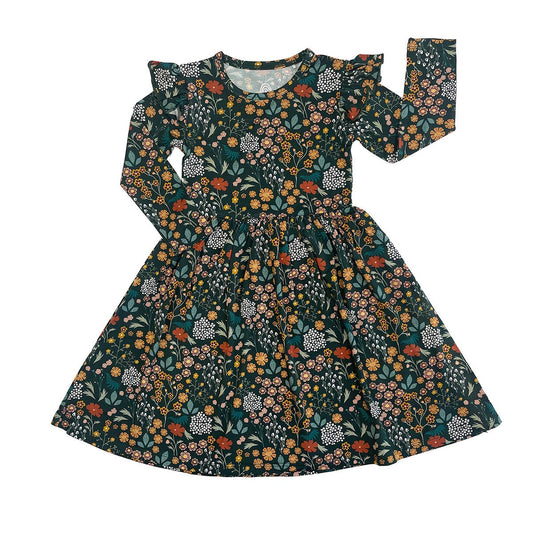 Moonlit Meadow Long Sleeve Bamboo Twirl Dress: Green/Multi