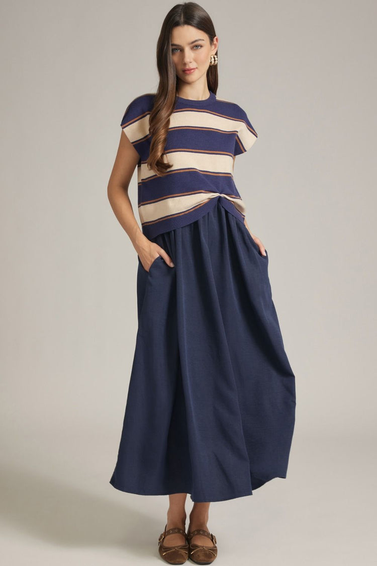 Navy Stripe knit cap sleeve top and solid sleeveless midi dress