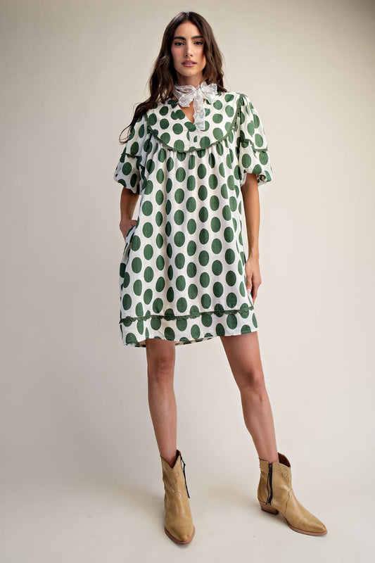 SAGE POLKA DOTS LINEN MINI DRESS