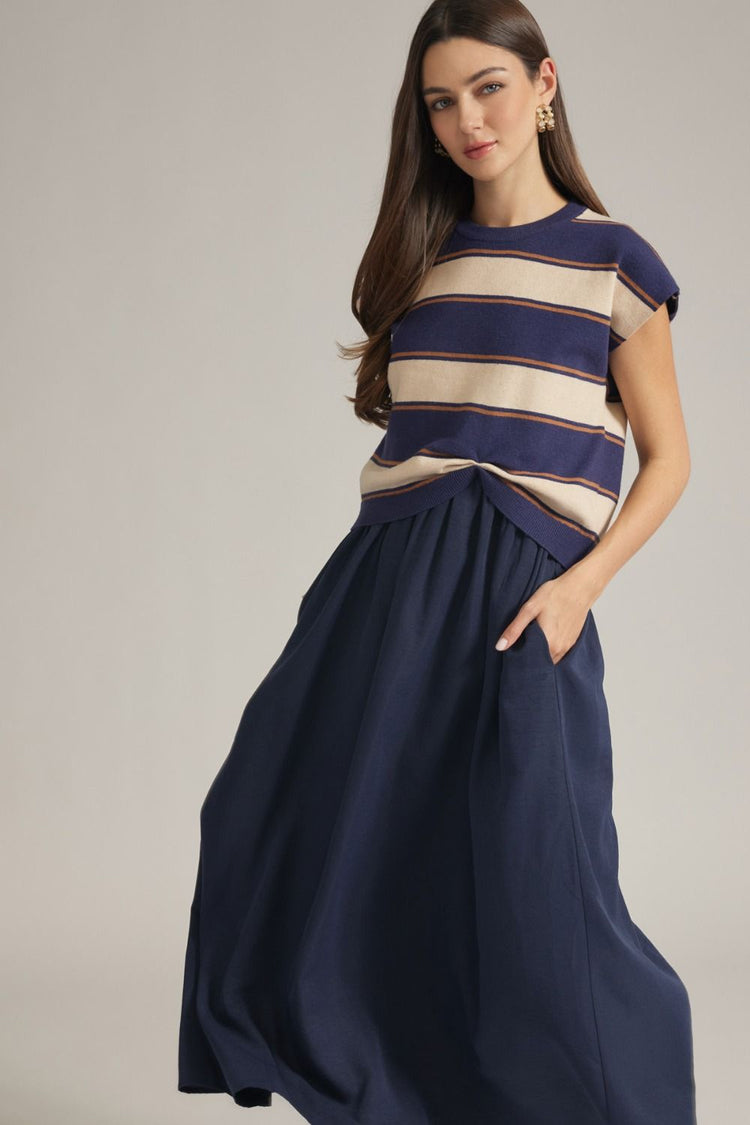 Navy Stripe knit cap sleeve top and solid sleeveless midi dress