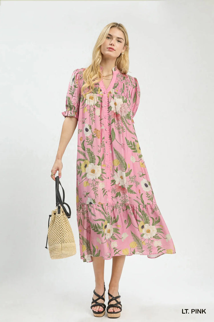 Pink Floral Smocked Button-Front Midi Dress