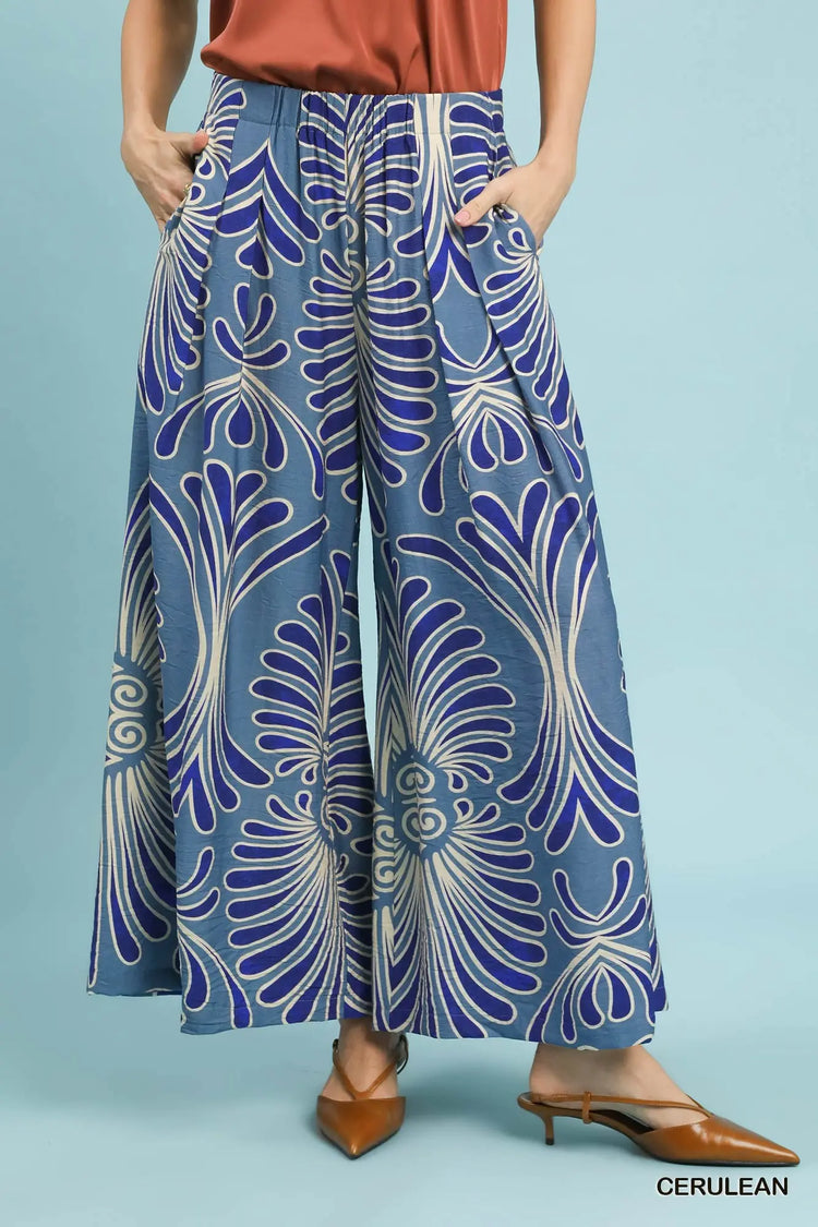 Cerulean Feather Print Wide Leg Pants