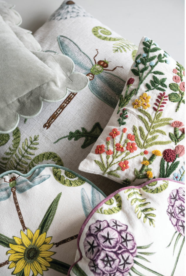 20” Square Linen Blend Pillow with Dragonfly, Botanicals & Embroidery