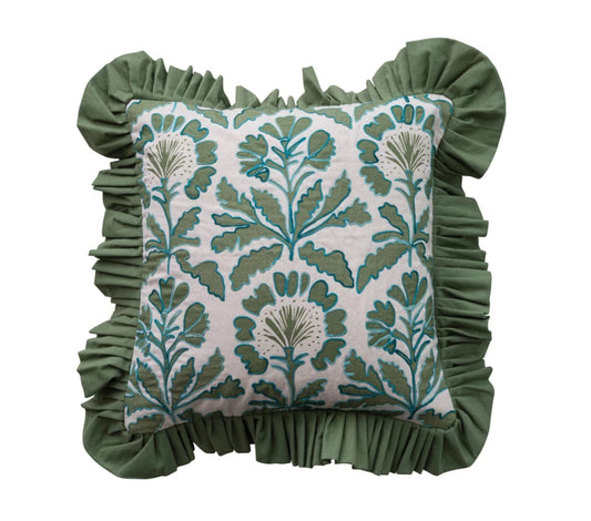 18” Square Cotton Pillow with Floral Pattern, Embroidery & Ruffle