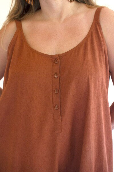 Adjustable Strap Flowy Jumper with Button Detail / Cinnamon