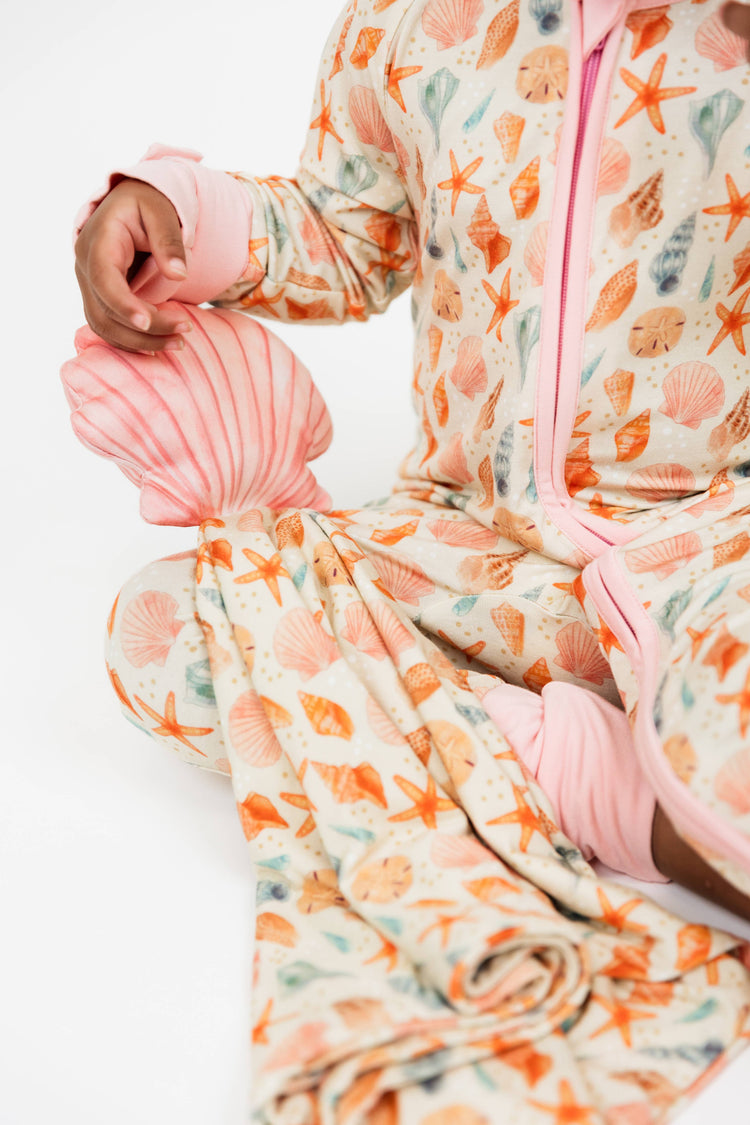 Sandy Seashells Beachy Bamboo Convertible Baby Pajamas: Beige/Multi