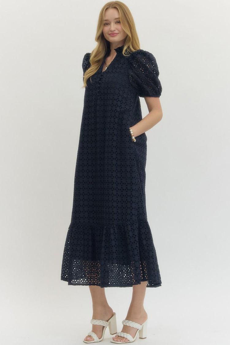 Navy Eyelet short puff sleeve midi dress