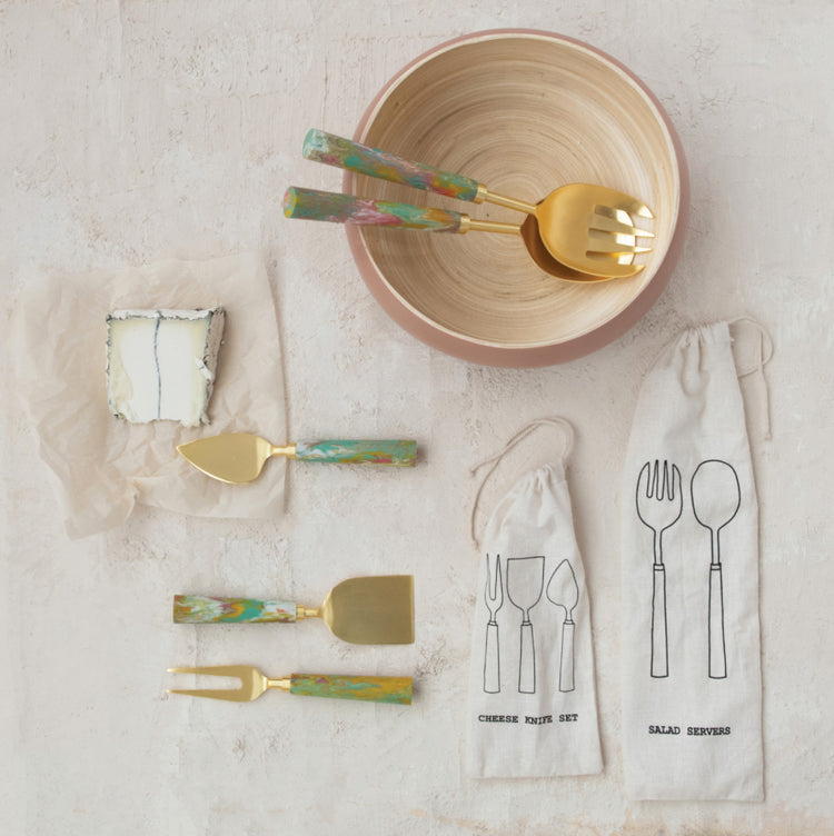 Cheese Knives w/ Marbled Resin Handles, Set of 3 in Drawstring Bag