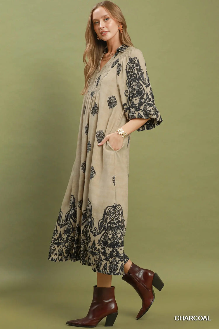 Navy Border Print Smocked Detail Midi Dress