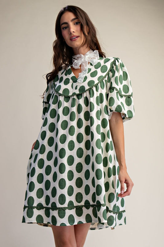 SAGE POLKA DOTS LINEN MINI DRESS