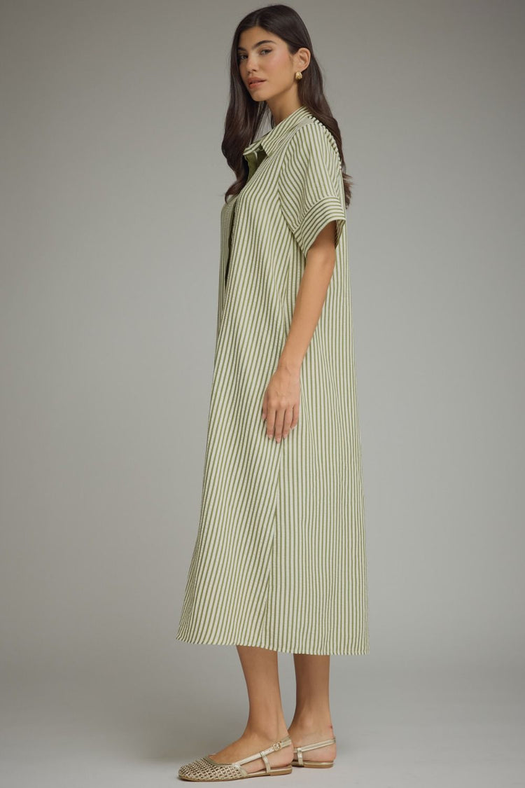 Olive Stripe short sleeve midi dress