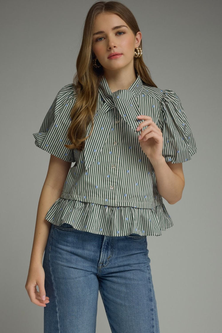 Stripe and polka dot short puff sleeve top