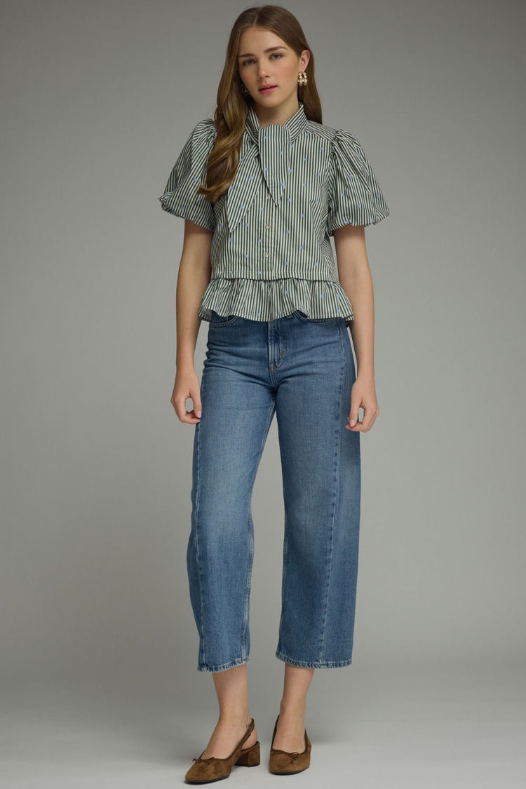 Stripe and polka dot short puff sleeve top